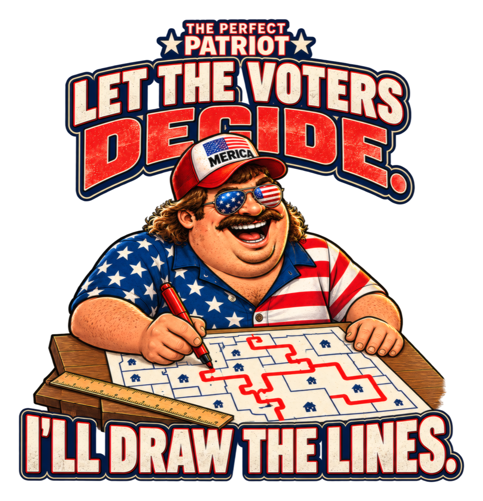 The Perfect Patriot wears a flag-patterned collared shirt and draws a winding red boundary on a fictional map beneath the words Let the voters decide. I'll draw the lines.