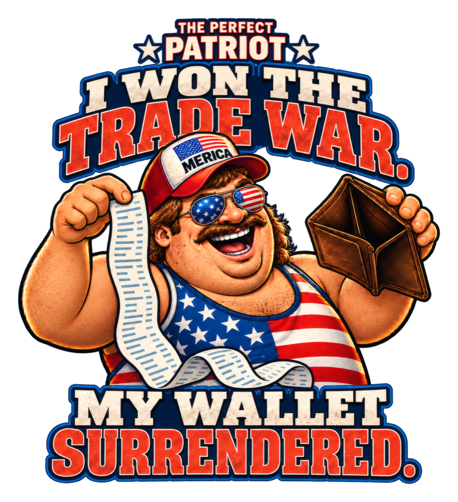 The flag-clad Perfect Patriot grins while holding an empty wallet and a separate long receipt beneath the words I won the trade war. My wallet surrendered.