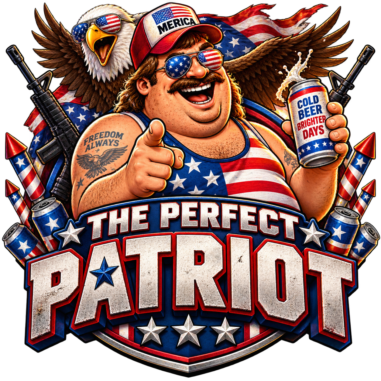 The Perfect Patriot: a grinning mustached mascot in flag aviators, a MERICA cap and flag tank top, with an eagle spreading its wings behind him.